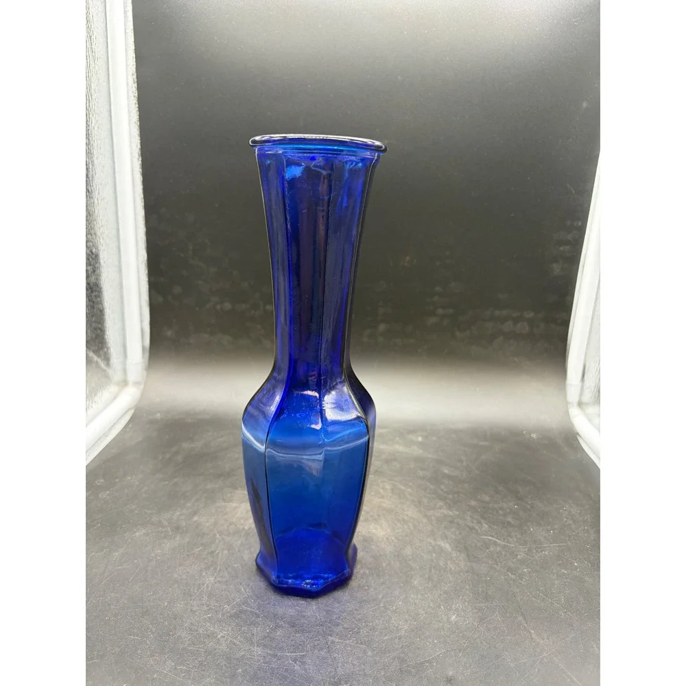 Vintage Cobalt Blue Glass Bud Vase Octagonal Paneled 8.5 Inch Decorative Flower